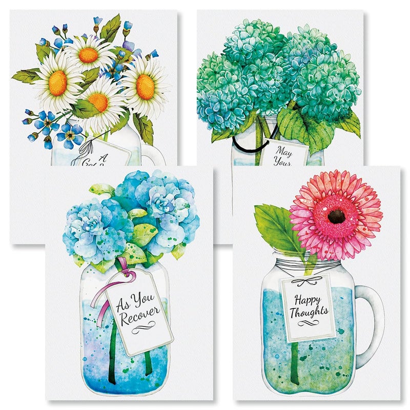 Current Mason Jar Get Well Greeting Cards - Set of 8 (4 Designs), Large 5" x 7", Sympathy Cards with Sentiments Inside, White Envelopes - Image 1